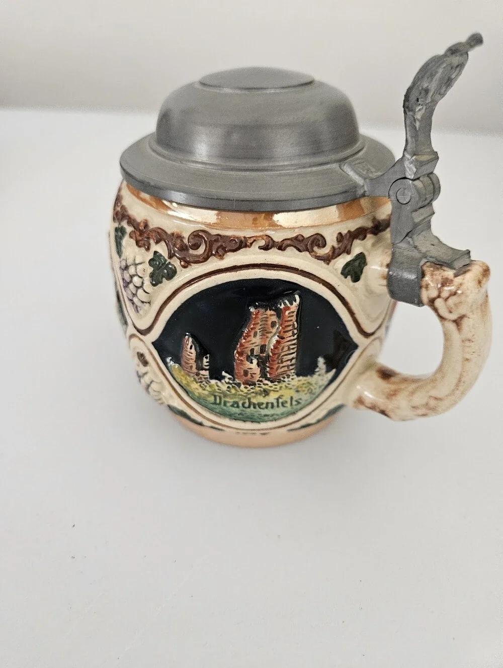 VTG Set of Two German Rhein River Stoneware Pewter Lid Steins | SZ 4